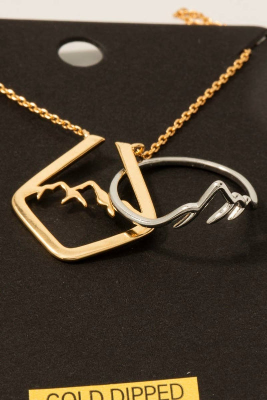 Gold Dipped Mountain Range Ring Keeper Pendant Necklace